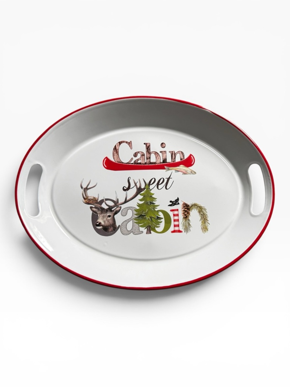 Creative Co-op Cabin Sweet Cabin Enameled Serving Tray with Handles - NWOT